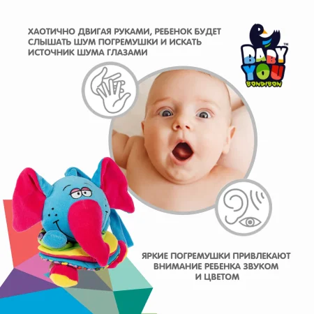 Игрушка развивающая мягкая гармошка СЛОН 14 см., Bondibon, CRD 19х15 см.