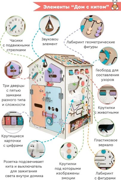 Bunny Board Бизиборд домик развивающий "Дом с китом" со светом, большой