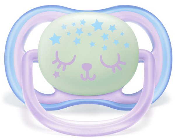 Philips avent соска-пустышка силиконовая ultra air, ночная 0–6 месяцев, 2 штуки / цвет розовый и сиреневый
