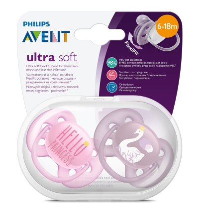Avent Пустышка Ultra soft с футляром 6-18мес 2шт / розовый / фиолетовый