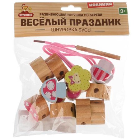 Буратино Игрушка деревянная, бусы на шнуровке в пакете, в коробке 200 штук, 281587