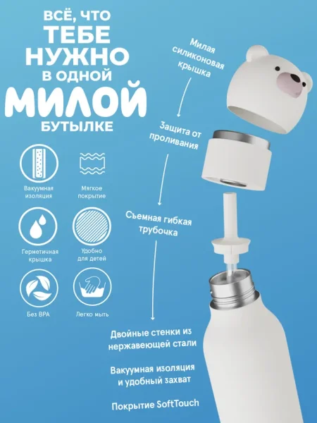 Асобу Бутылка для холодных и горячих напитков Bestie 460 мл, полярный медведь Asobu