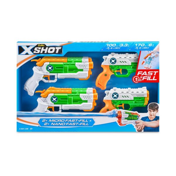 Водный бластер ZURU X-Shot Water «Фаст Филл» 2 шт. Нано и 2 шт. Микро, открытая уп