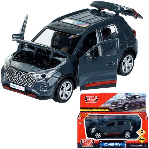 Машина металл chery tiggo 4 pro 12 см, двери, кап, баг,инер,темно-серый,кор. Технопарк 415037