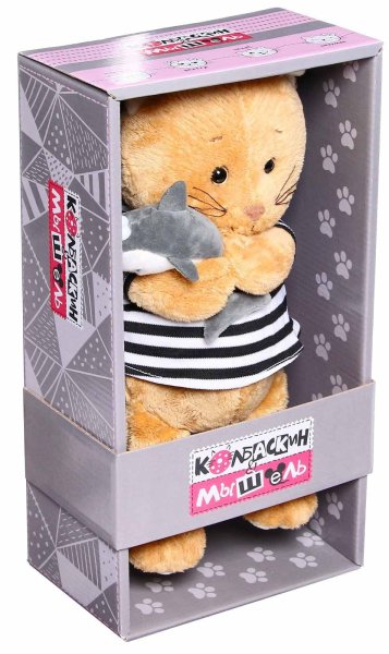 Maxi Toys Мягкая игрушка Колбаскин&Мышель Кот Колбаскин в Тельняшке с Акулой, 25 см