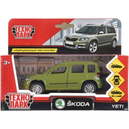 Технопарк Металлическая модель Skoda Yeti, 12 см, открывающиеся  двери, багаж, инерция / зеленый