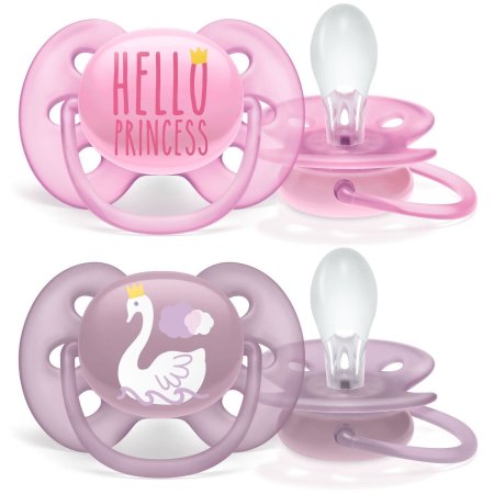 Avent Пустышка Ultra soft с футляром 6-18мес 2шт / розовый / фиолетовый