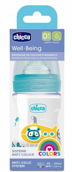 Chicco Бутылочка Well-Being Boy, силиконовая соска, 0+, 150 мл